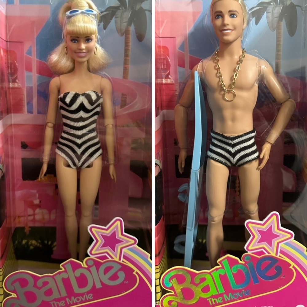 💎 BARBIE AND KEN THE MOVIE DOLL STRIPED SWIMSUIT DRESS MARGOT ROBBIE 🏖️💄🏄🏼